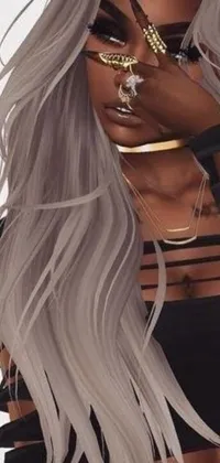 This phone wallpaper showcases a striking digital painting of a woman with long gray hair, adorned with piercings and donning a gold choker