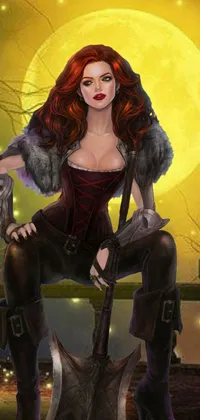 This live wallpaper features a female templar in fur and leather armor sitting on a bench with a full moon behind her