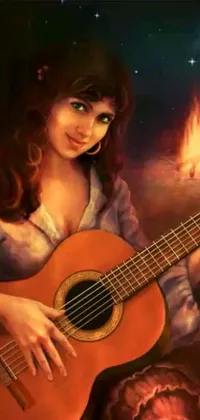 This vibrant digital live wallpaper features a stunning painting of a woman with a warm smile holding a guitar
