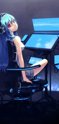 This live wallpaper depicts a blue-skinned woman sitting at a desk wearing headphones