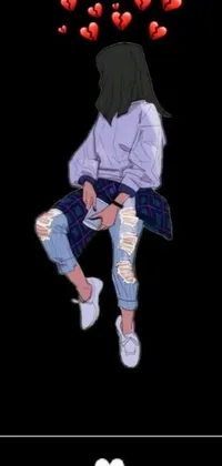 This phone live wallpaper boasts a captivating anime drawing of a fashionable girl sitting on a bench surrounded by urban graffiti