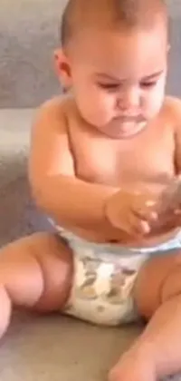 This live wallpaper features a diaper-clad baby adorably playing with a cell phone while sitting on a keyboard and chewing on a video card