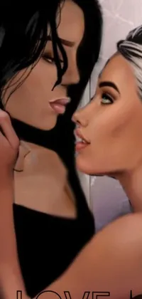 This phone live wallpaper features two stylish women in an intimate moment, sharing a passionate kiss