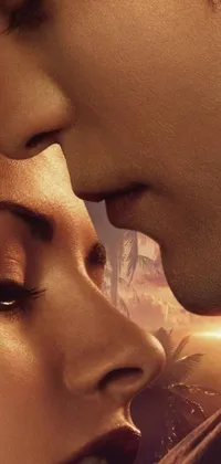 This phone live wallpaper features a romantic close-up of a couple kissing, set against a poster backdrop