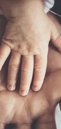 This phone live wallpaper features a vintage styled, close-up image of a person holding a baby's hand in a symbolic open palm gesture