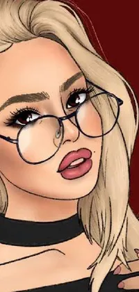 This live phone wallpaper features a charmingly detailed drawing of a woman with glasses, blond hair, and striking red lips in a playful cartoon-like style