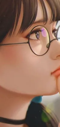 This live wallpaper features a photorealistic painting of a girl wearing glasses, designed in close-up