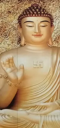 This phone live wallpaper features a stunning and intricately detailed painting of a Buddha statue hanging on a wall by a skilled artist