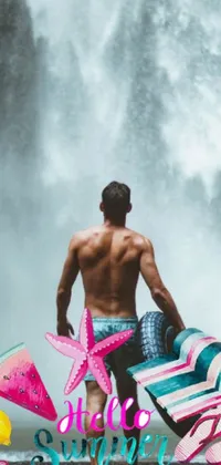 This dynamic live wallpaper features a stunning waterfall backdrop with a surfing theme