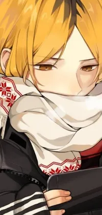 This stunning phone live wallpaper showcases a close-up image of a blond individual wearing a scarf, set in the winter season with a red cloth wrapped around their shoulders