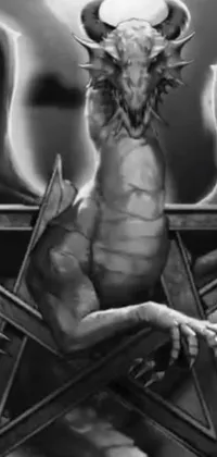 This greyscale phone live wallpaper showcases a fierce dragon perched atop a pentagram