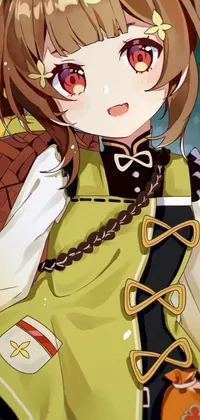 This phone live wallpaper features a cute anime girl with brown hair and red eyes wearing yellow clothes and a decorative bandolier standing in a lush green forest landscape