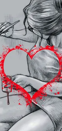 Elevate your phone wallpaper with this striking graffiti-style drawing of a woman holding a red heart