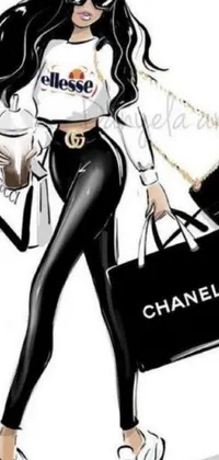 This dynamic phone live wallpaper showcases a trendy and detailed cartoon drawing of a woman confidently holding an iconic Chanel bag