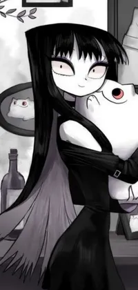 This cartoon live wallpaper portrays a woman cuddling a tuxedo cat in a gothic art-inspired style