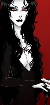This dark and edgy live wallpaper showcases a Tumblr-inspired drawing of a gothic woman with long black hair and extremely pale white skin