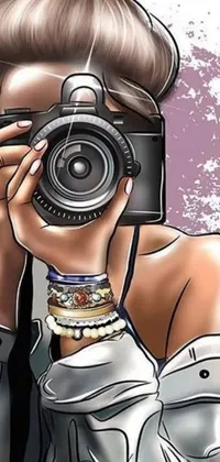 This phone live wallpaper showcases a beautiful scene of a woman taking a picture with a camera and displaying her expertise in paparazzi photography