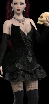 This live wallpaper features a gothic-inspired portrayal of a woman in a black dress holding a skull