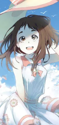 This phone live wallpaper depicts a brown-haired girl with large eyes smiling under an umbrella on a sunny day