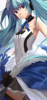 This live phone wallpaper showcases a stunning blue-haired figure donning a feather dress, tail, and ear accessories with blue feathers