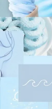 This phone live wallpaper features a charming collage of blue and white items set against a soft blue gradient backdrop