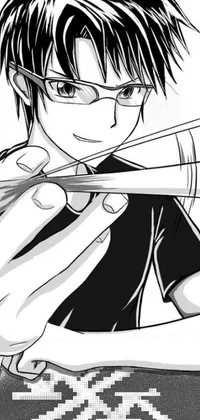 This phone live wallpaper features an anime-inspired black and white manga of a spectacled character holding a pair of scissors, ready for precision