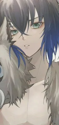 This phone live wallpaper portrays a touching image of a person holding a blue furry dog with silver eyes in an ecchi anime style