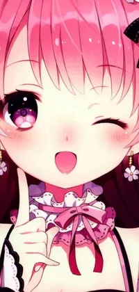 This anime-inspired live wallpaper features a vibrant close-up of a cute young girl with pink hair, big expressive eyes, and a cheerful smile