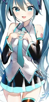 This live wallpaper features a cute anime girl with blue hair in a white, cyan, and teal outfit, holding a microphone and singing karaoke on a stage
