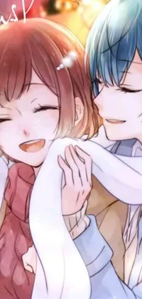 This anime live wallpaper features two characters in a warm blue embrace reminiscent of Eizan Kikukawa's style
