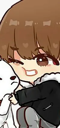 This phone live wallpaper depicts an endearing cartoon image of a young boy hugging a cute white dog