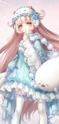 This anime live wallpaper showcases a charmingly drawn girl in a lovely blue dress, clutching a teddy bear