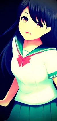 This phone live wallpaper features a stunning, digitally drawn character with long, black hair, wearing a white top and green skirt inspired by Sailor Moon