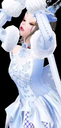 This stunning live wallpaper features a woman dressed in a white gown, surrounded by falling snowflakes