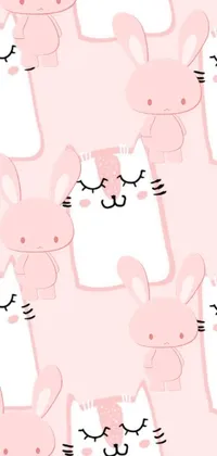 This phone live wallpaper features a bunch of charming pink and white cats in a playful vector art style on a soft pink background