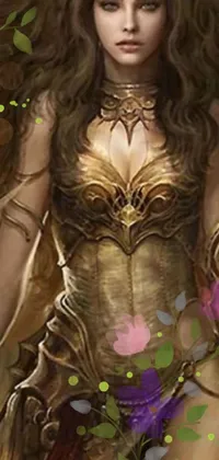 A mesmerizing phone live wallpaper depicting a beautiful elf girl wearing a flower suit, adorned with a detailed bronze armor