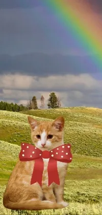 This mobile wallpaper features a charming cat sitting in a field with a rainbow in the background
