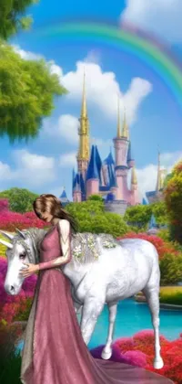 Enhance your phone's look with this beautiful live wallpaper of a girl and a unicorn in front of a majestic castle
