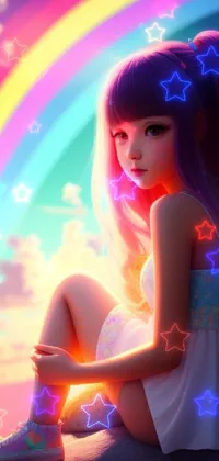 pretty girl sitting watching the rainbow  Live Wallpaper