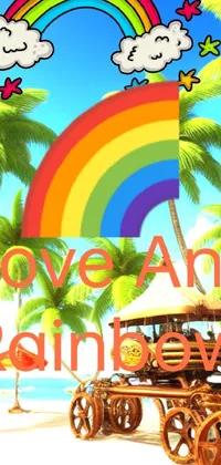 This phone live wallpaper portrays a horse drawn carriage on a sandy beach with a rainbow background