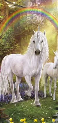 This phone live wallpaper features a stunning scene of white horses standing in front of a breathtaking waterfall