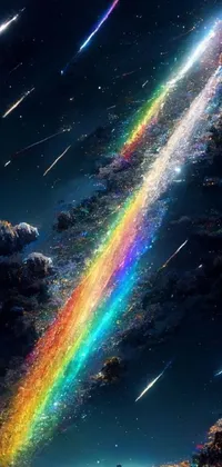 This live wallpaper features a cosmic-inspired theme with a rainbow in the sky, meteors falling from the top of the screen, and vibrant particle reflections