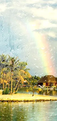 This live wallpaper is a stunning piece of fine art that depicts a rainbow over a body of water, with picturesque thatched roofs and palm trees in the background