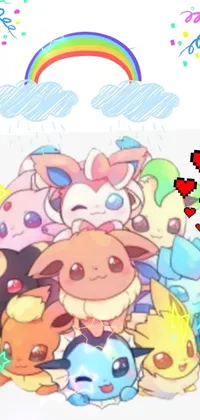 Enjoy a cute and magical world with this live wallpaper - featuring a group of adorable pokemon standing together amidst a beautiful rainbow