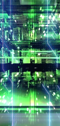This phone live wallpaper showcases a futuristic digital room filled with mesmerizing green lights and vivid colors