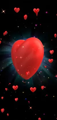 This live wallpaper showcases a captivating display of red hearts gently floating in the air against a dazzling, starry night sky background