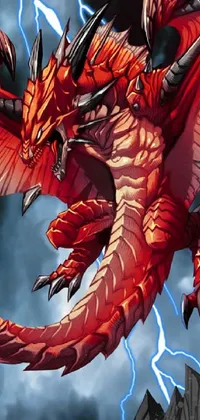 This phone live wallpaper features a hyper-detailed red dragon with flying dragons in the background against a lightning bolt backdrop