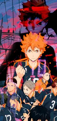This lively phone live wallpaper features a vibrant group of anime characters piled on top of each other against a dynamic volleyball court background