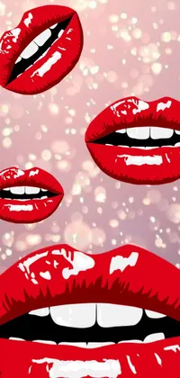 This live wallpaper features a group of floating red lips in a pop art style, set against a cloudy night sky with a crescent moon