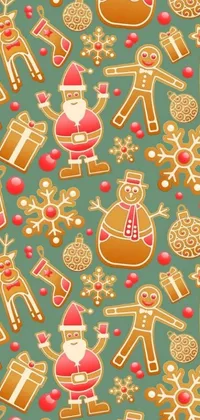 Get into the festive mood with this phone live wallpaper featuring a pattern of Christmas icons on a green background